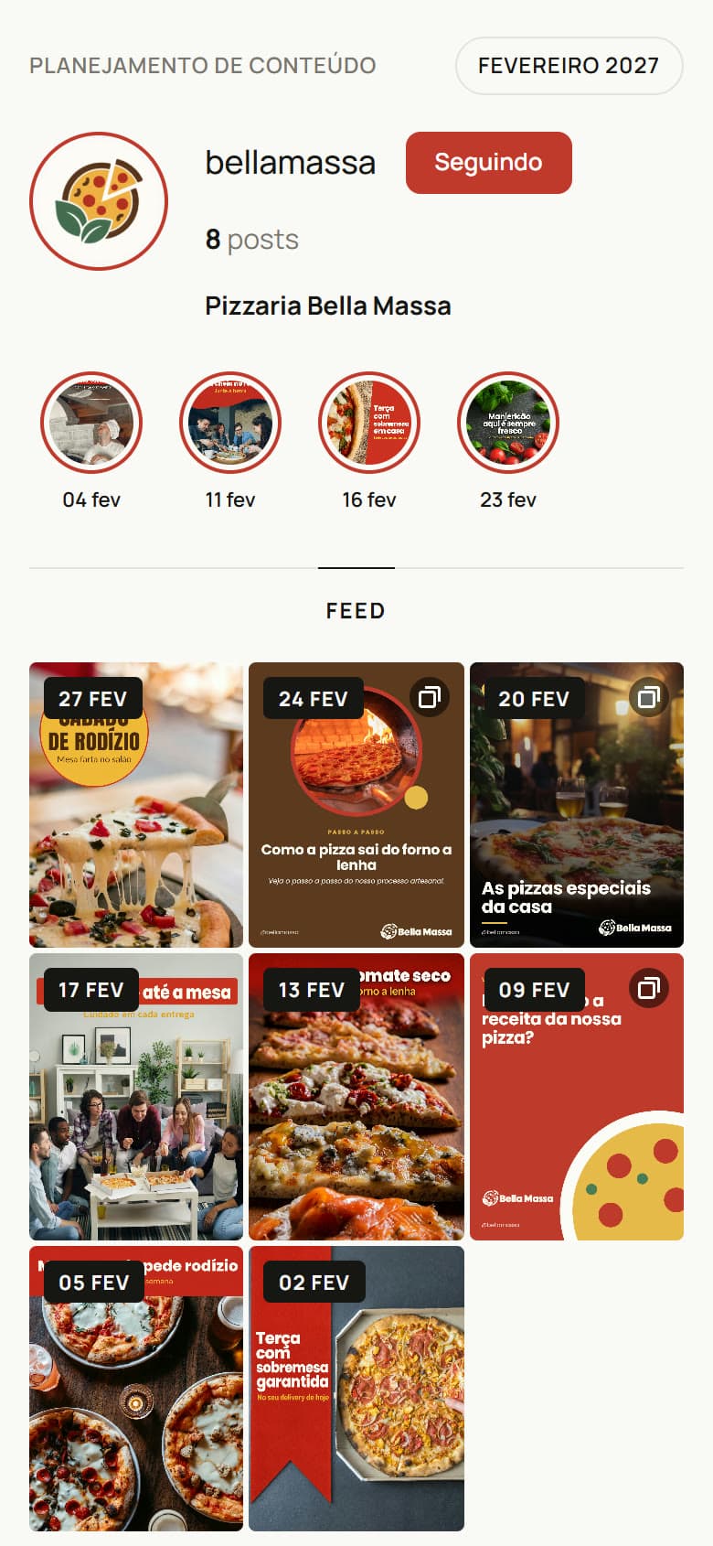 A prévia de fevereiro da Pizzaria Bella Massa aberta no celular: o perfil, os destaques e a grade do feed com a data de cada post